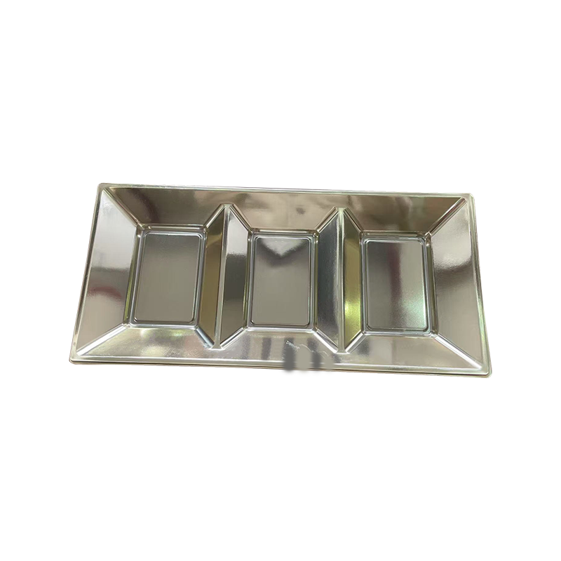 Srebrna plastikowa taca na przekąski z 3 siatkami