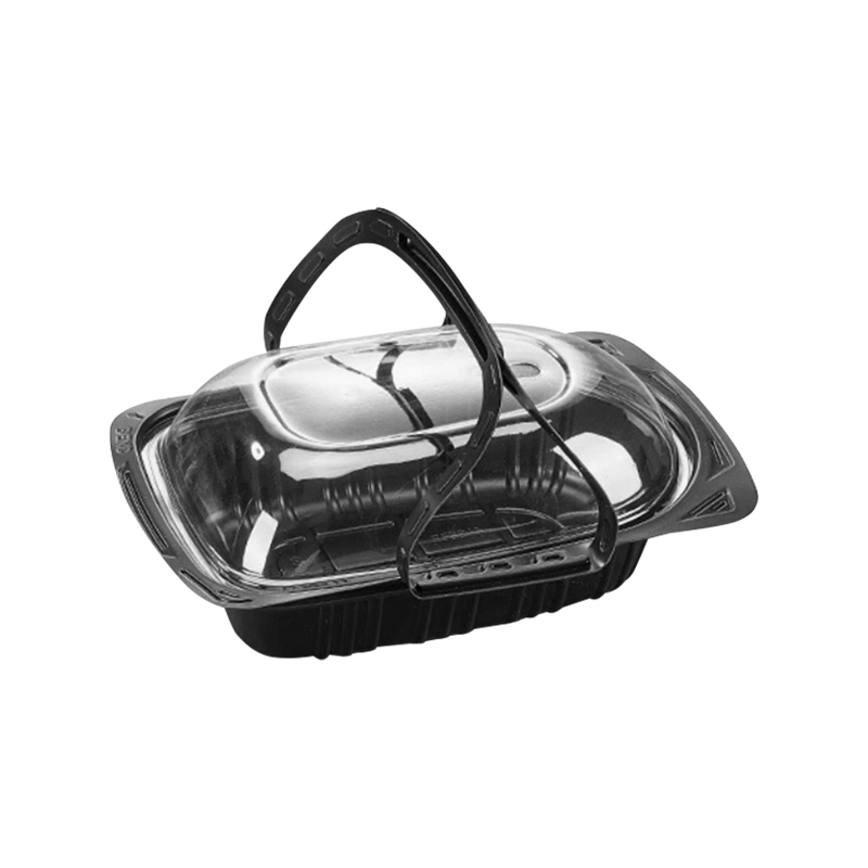 Jednorazowy, plastikowy, ręczny pojemnik na pieczonego kurczaka